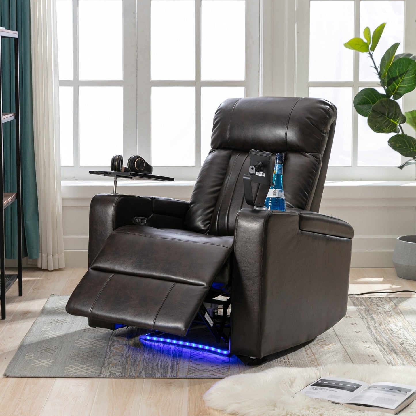 Fauteuil inclinable électrique haut de gamme avec accoudoirs de rangement, porte-gobelets, plateau pivotant et support pour téléphone portable