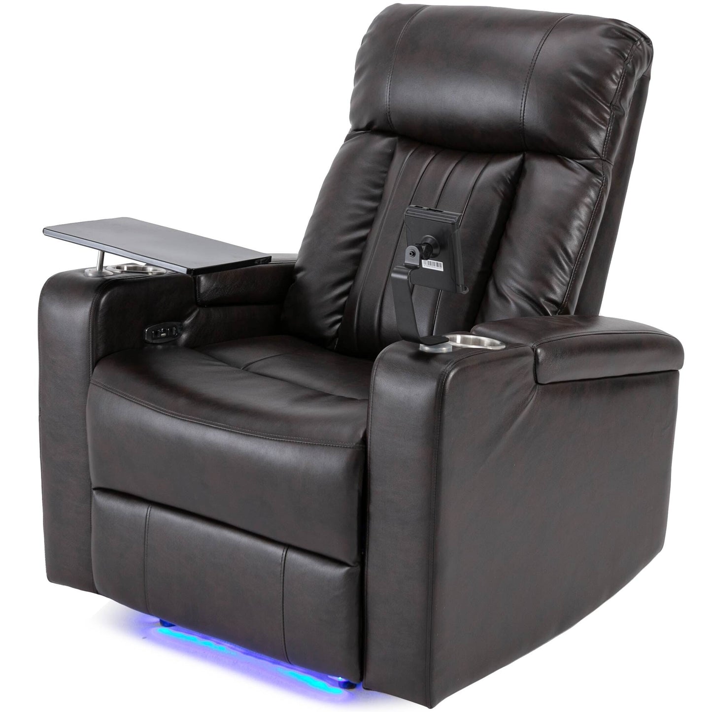 Fauteuil inclinable électrique haut de gamme avec accoudoirs de rangement, porte-gobelets, plateau pivotant et support pour téléphone portable