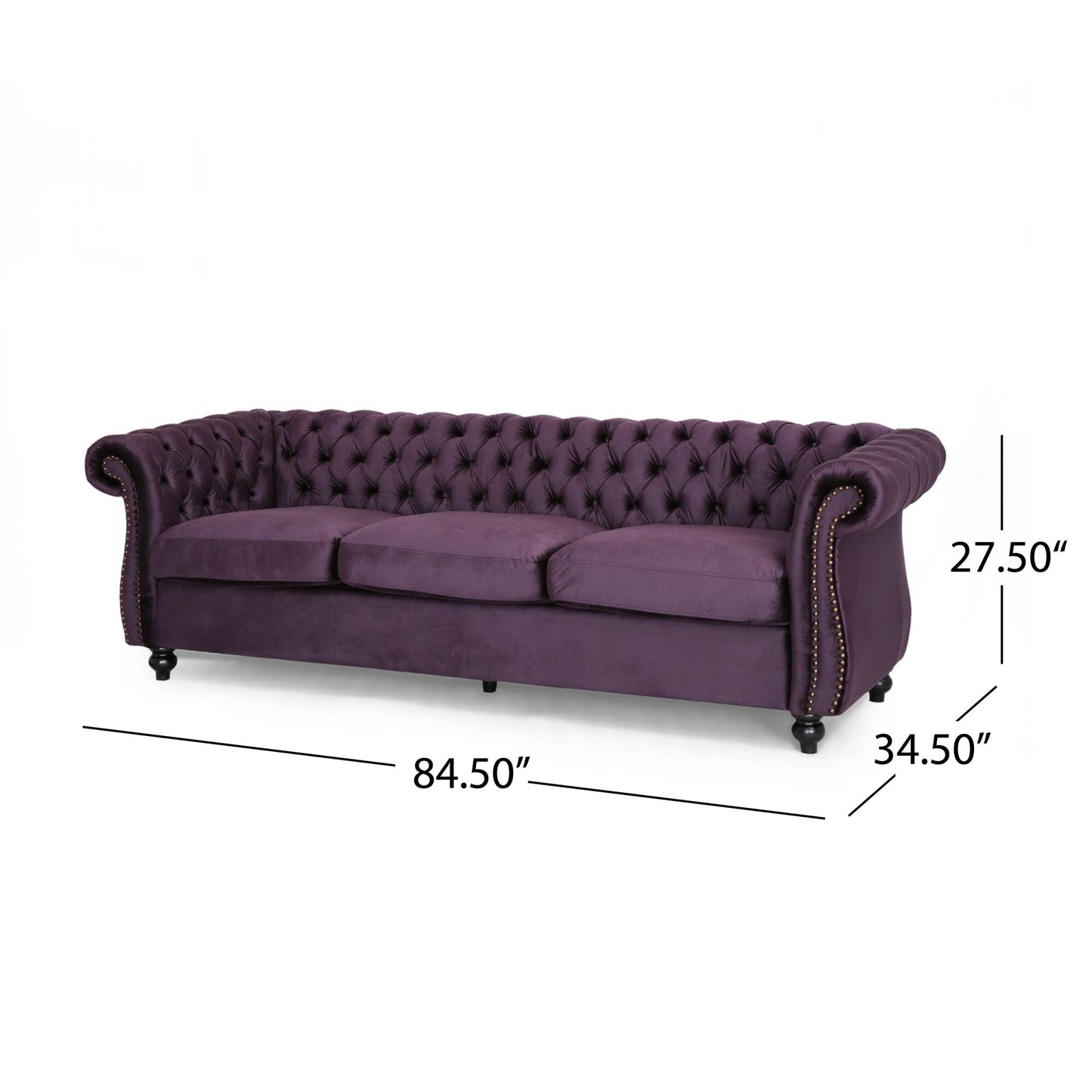 Canapé 3 places capitonné Chesterfield violet 84,75 avec têtes de clous et pieds en bois pour le salon