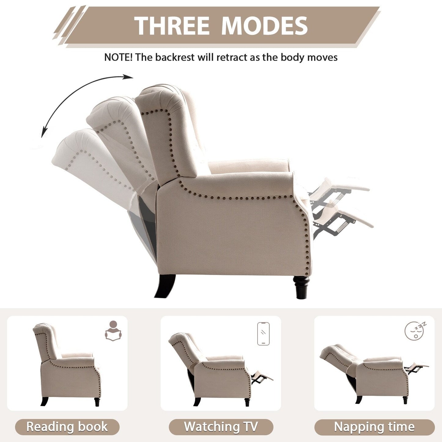 Fauteuil inclinable avec dossier capitonné et pieds en bois