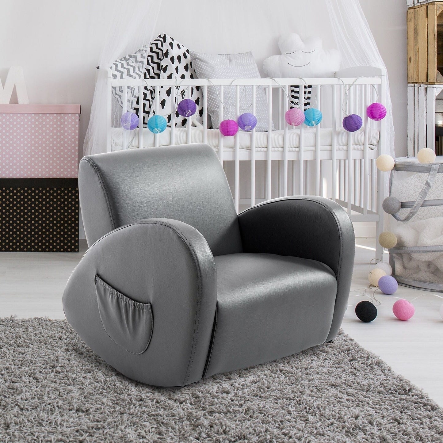 Canapé à bascule Qaba 20 pour enfants, fauteuil, meuble pour enfants avec 2 poches latérales et matériau PU résistant, gris