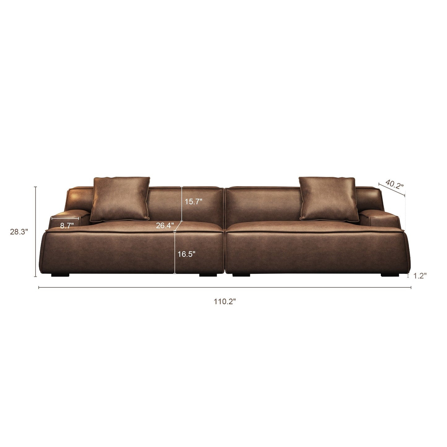 Canapé rembourré en cuir avec accoudoirs encastrés pour salon - 110,2 l - 110,2 x 28,35