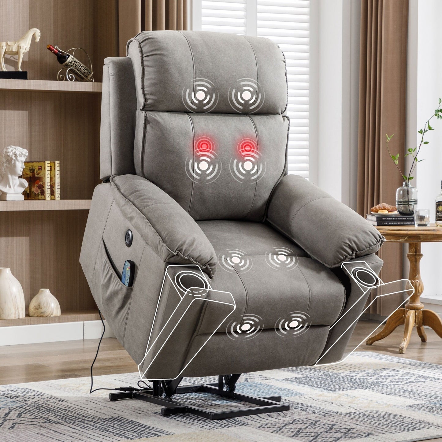 Fauteuil inclinable électrique avec relevage électrique, massage et chauffage pour personnes âgées, poches latérales et porte-gobelet dissimulé