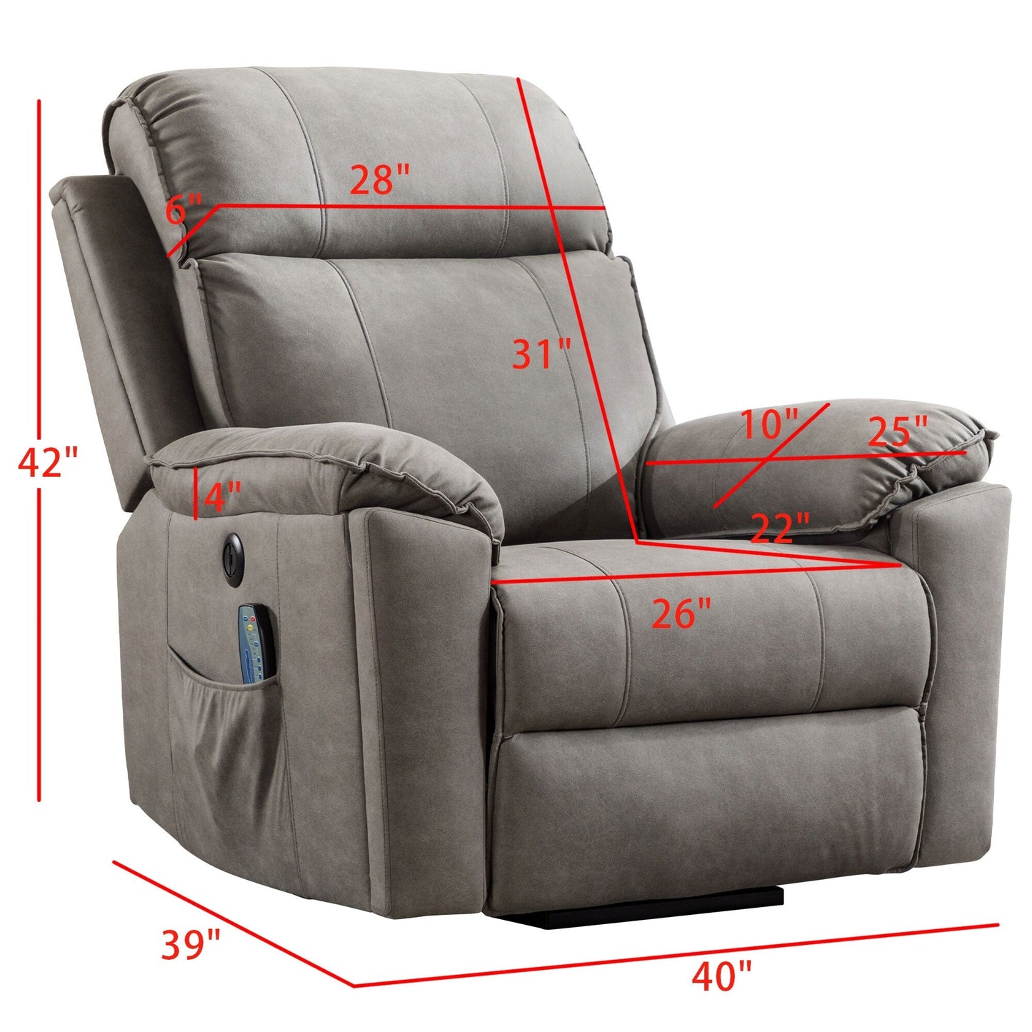 Fauteuil inclinable électrique avec relevage électrique, massage et chauffage pour personnes âgées, poches latérales et porte-gobelet dissimulé