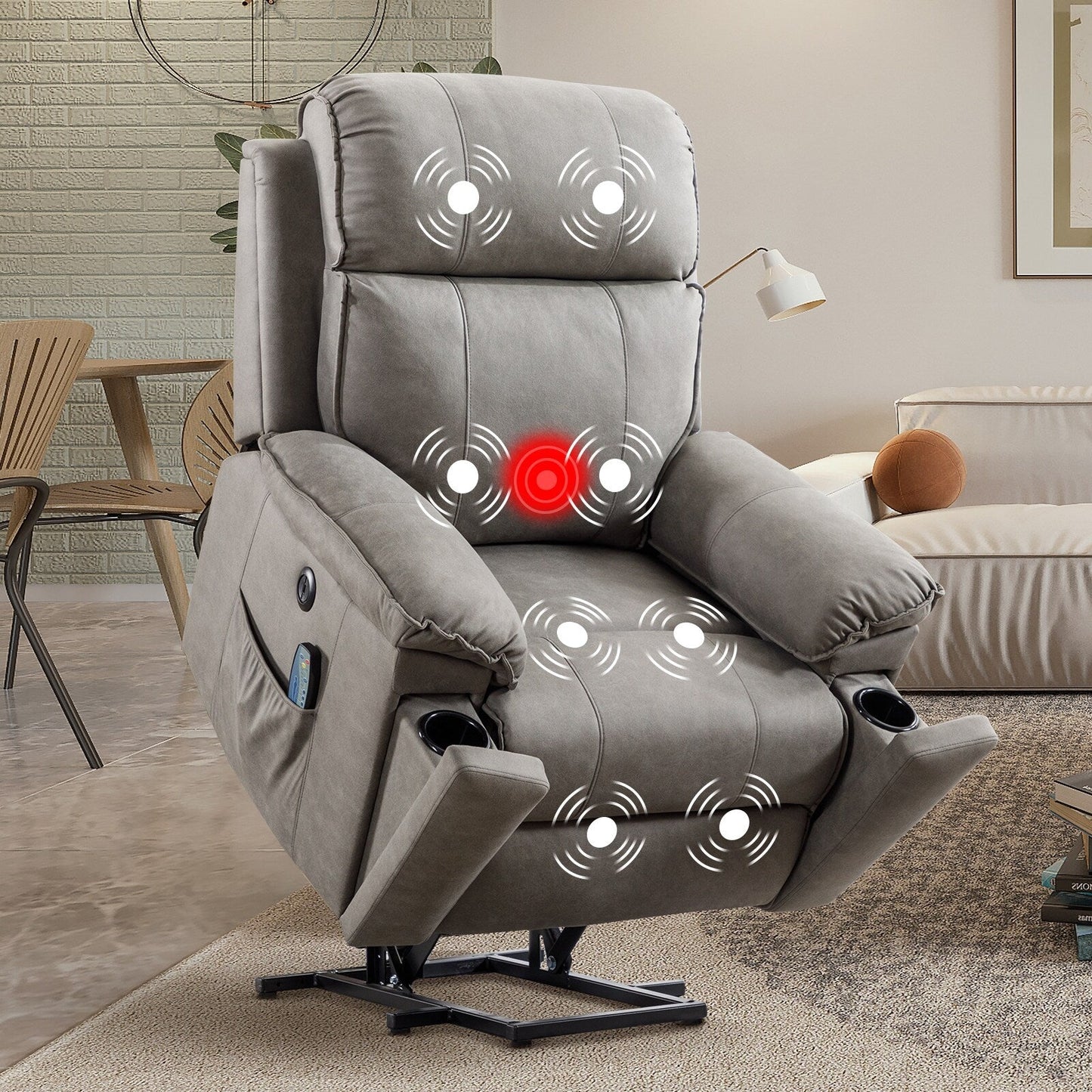 Fauteuil inclinable électrique avec relevage électrique, massage et chauffage pour personnes âgées, poches latérales et porte-gobelet dissimulé
