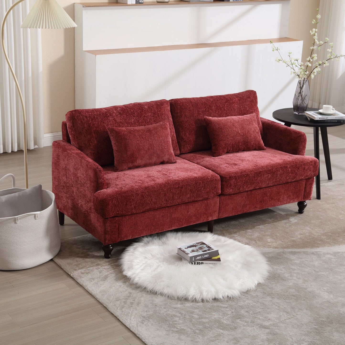Canapé 2 places rouge en chenille de 68,9 po avec coussins amovibles