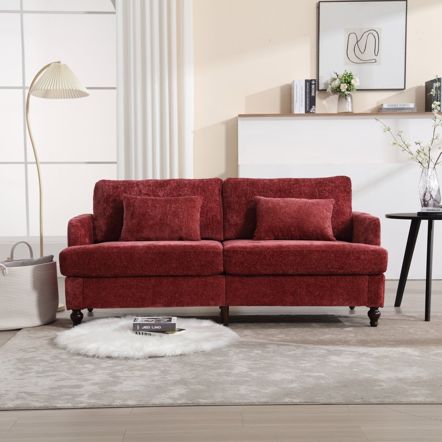 Canapé 2 places rouge en chenille de 68,9 po avec coussins amovibles