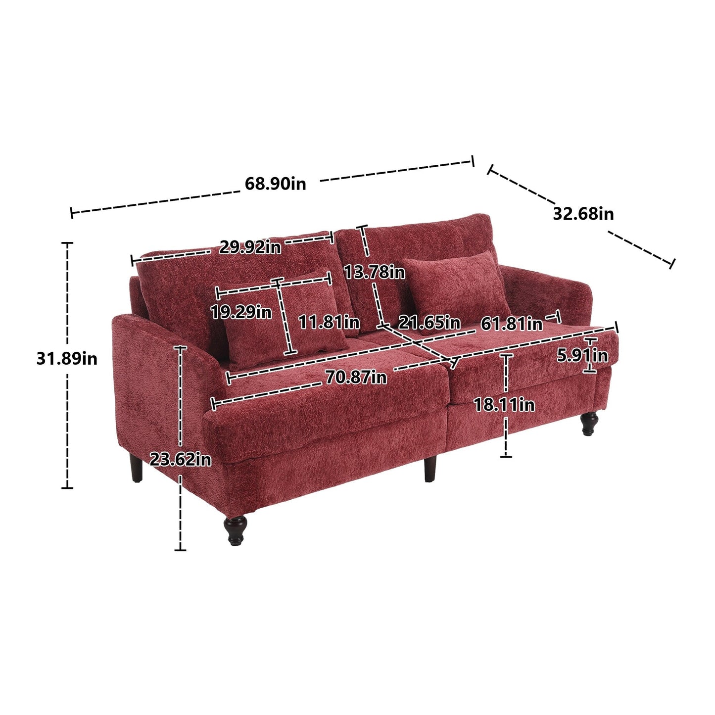 Canapé 2 places rouge en chenille de 68,9 po avec coussins amovibles