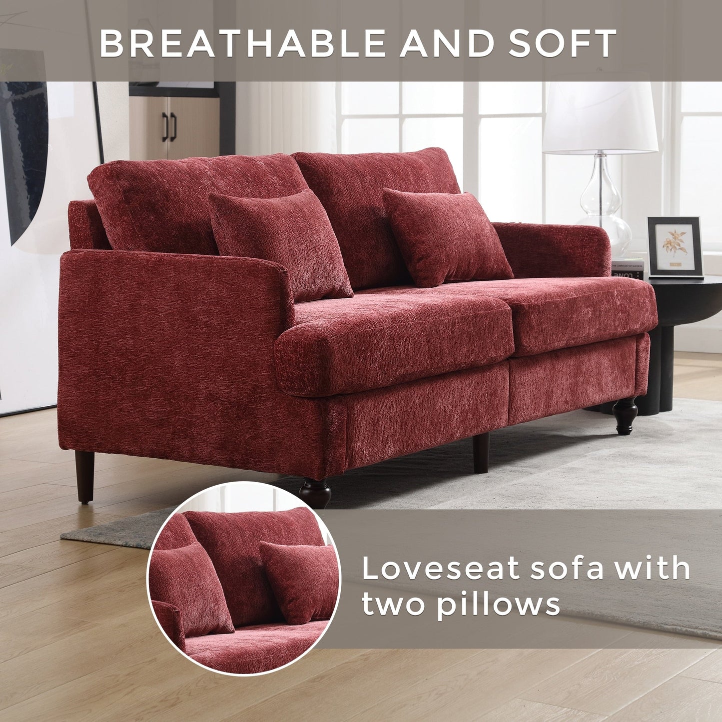Canapé 2 places rouge en chenille de 68,9 po avec coussins amovibles