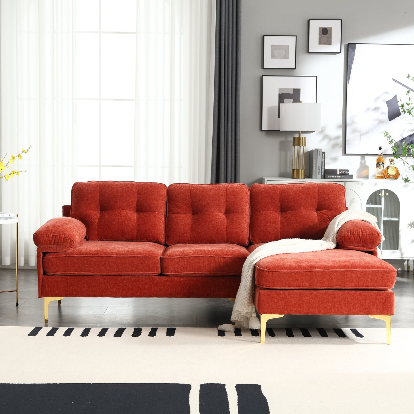 Canapé 3 places en L rouge moderne de 85 pouces, avec cadre en bois de haute qualité, coussins à ressorts et coussins de taille, design classique