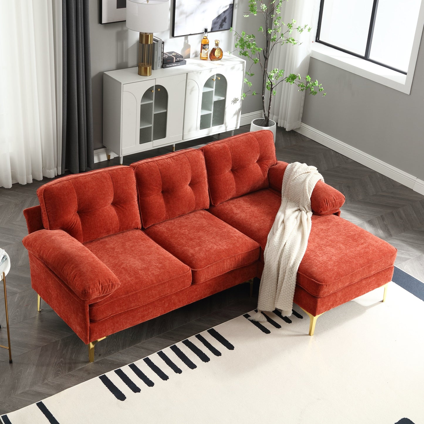 Canapé 3 places en L rouge moderne de 85 pouces, avec cadre en bois de haute qualité, coussins à ressorts et coussins de taille, design classique