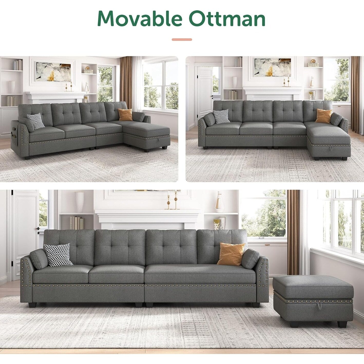Canapé sectionnel réversible en L, convertible, 4 places, gris foncé