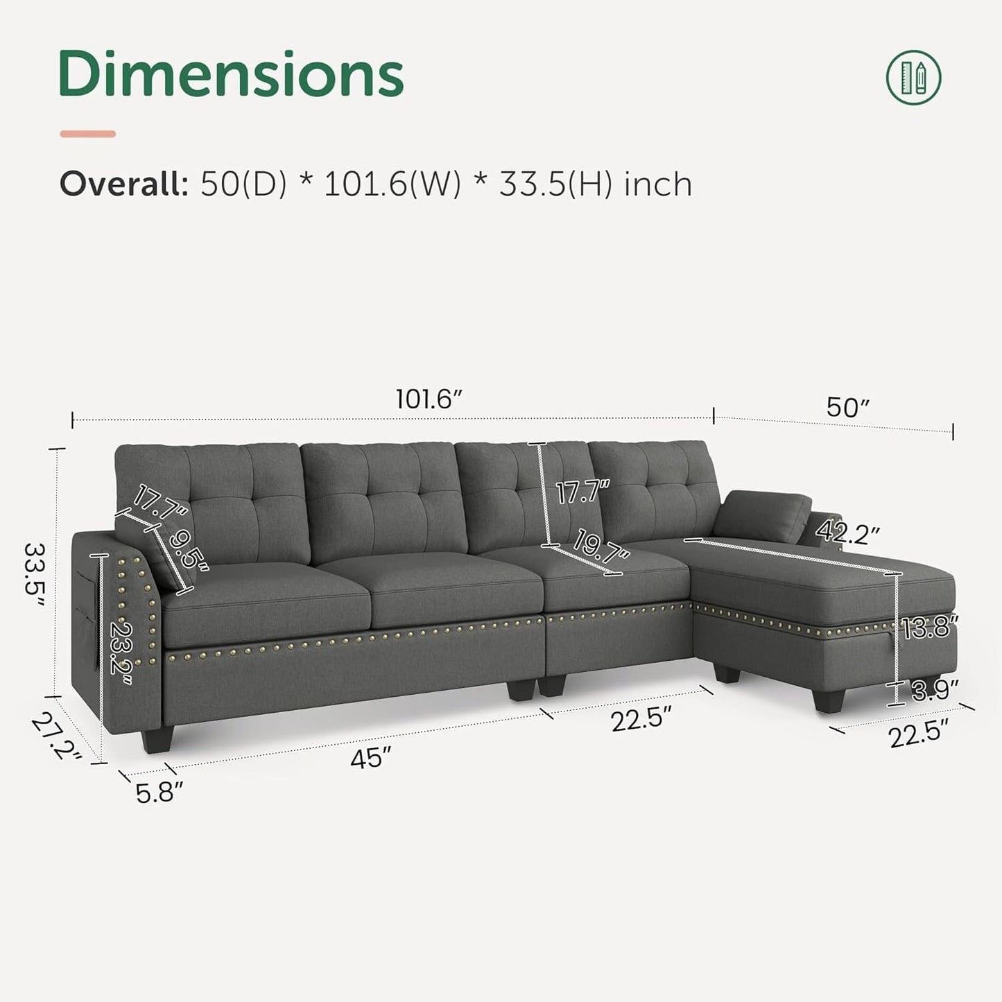 Canapé sectionnel réversible en L, convertible, 4 places, gris foncé