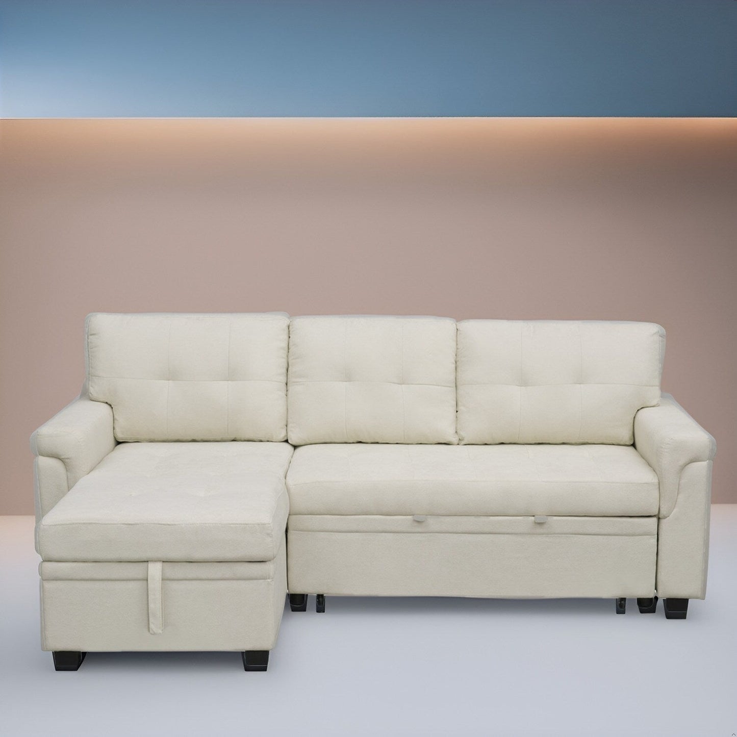 Canapé sectionnel réversible avec lit gigogne, méridienne de rangement dissimulée, pieds durables,