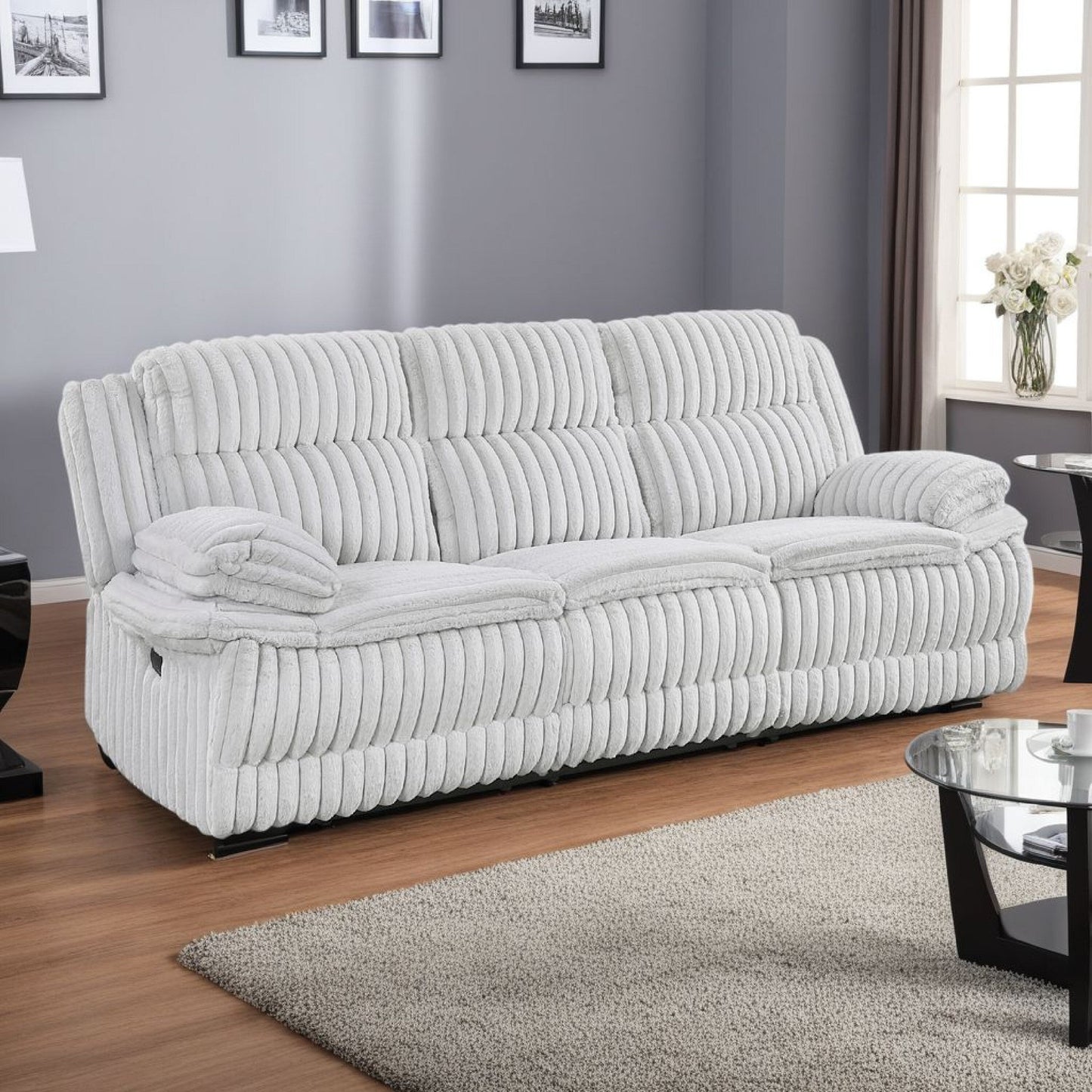 Canapé inclinable manuel double Rexy, velours côtelé gris clair texturé, 95 pouces