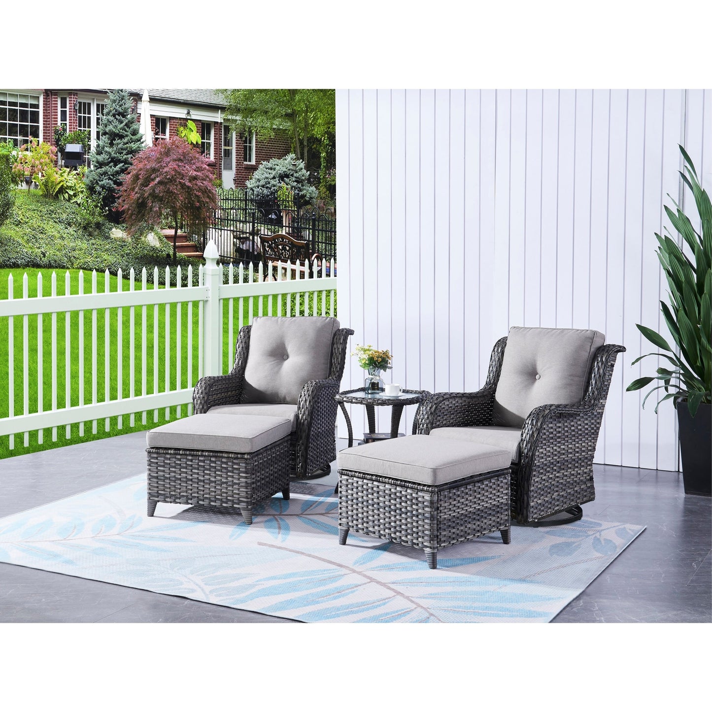Ensemble de mobilier d'extérieur Pocassy 5 pièces, chaises pivotantes avec poufs