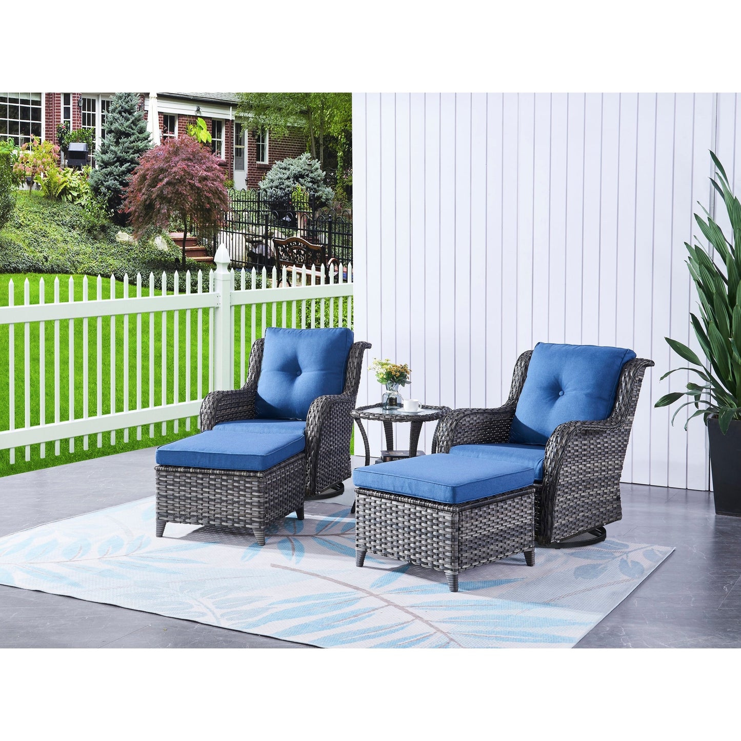 Ensemble de mobilier d'extérieur Pocassy 5 pièces, chaises pivotantes avec poufs