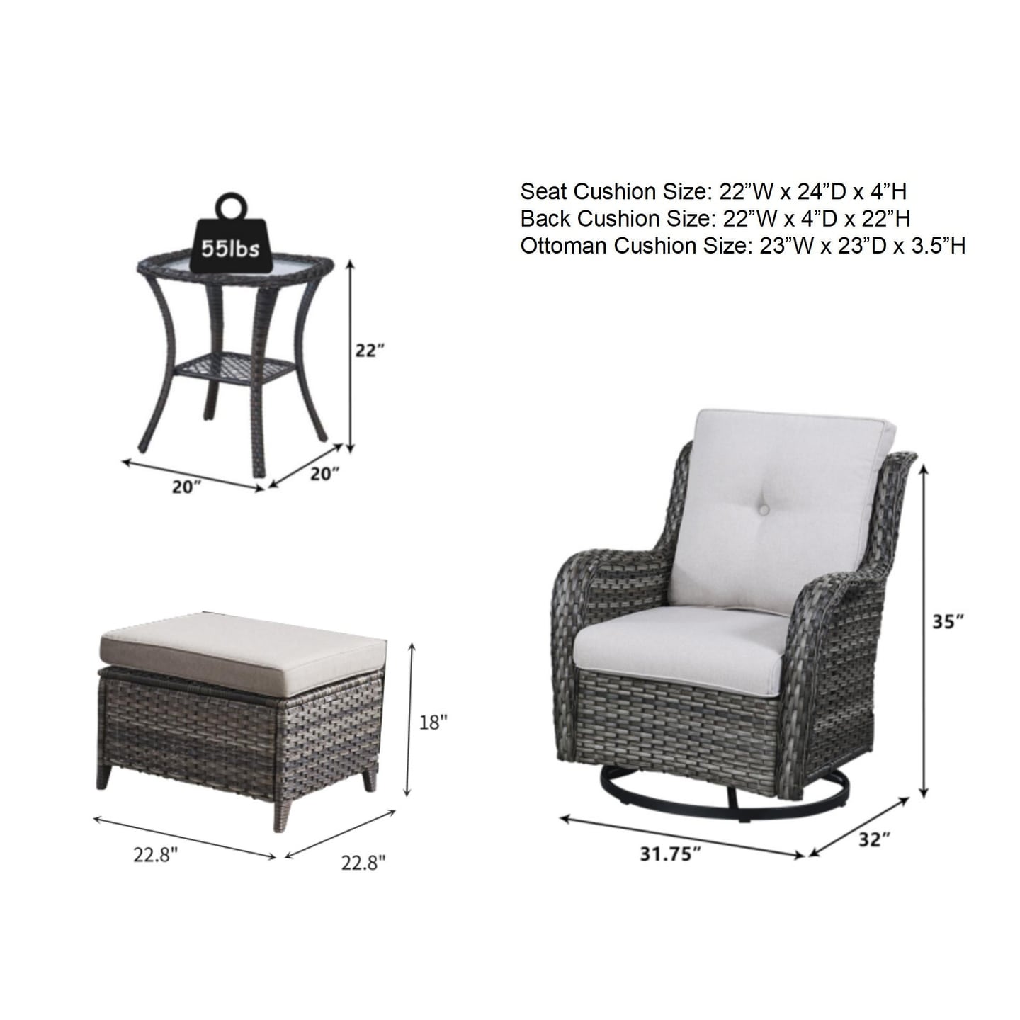 Ensemble de mobilier d'extérieur Pocassy 5 pièces, chaises pivotantes avec poufs