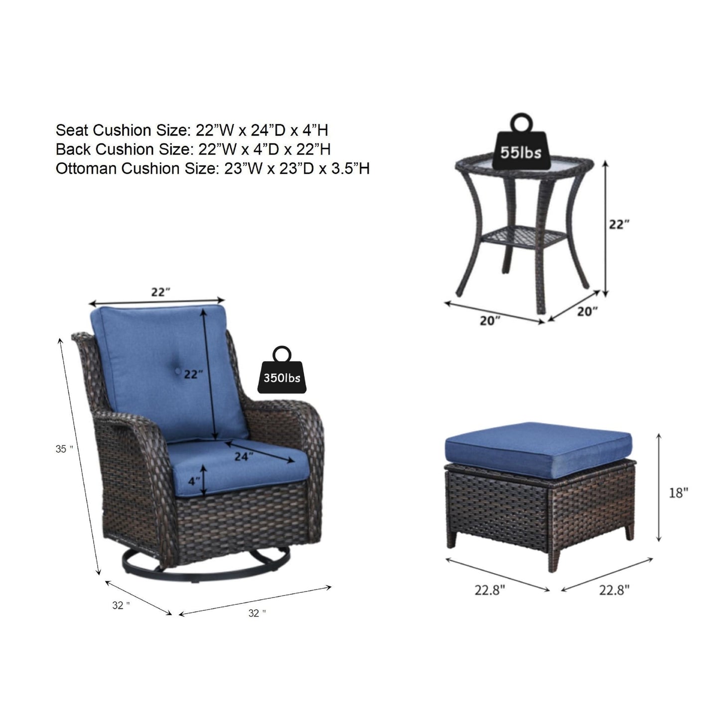 Ensemble de mobilier d'extérieur Pocassy 5 pièces, chaises pivotantes avec poufs