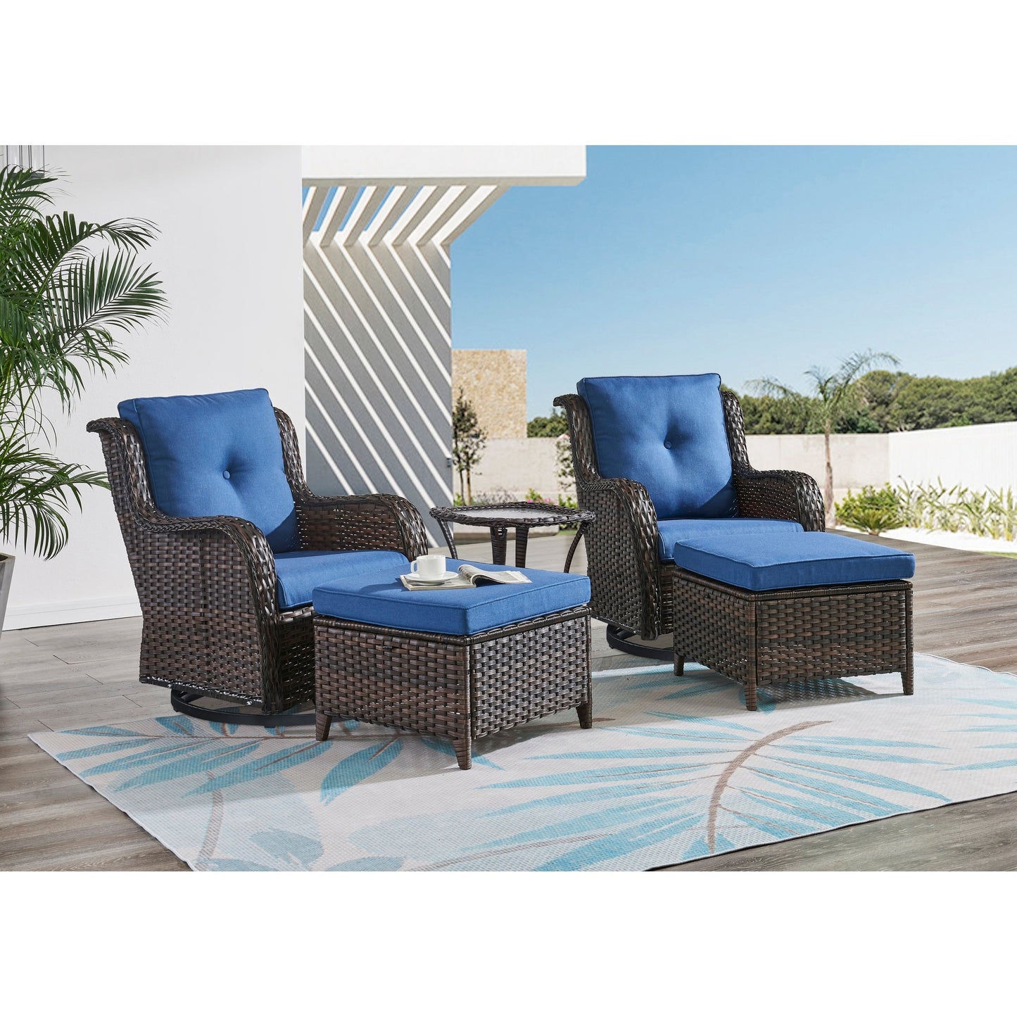 Ensemble de mobilier d'extérieur Pocassy 5 pièces, chaises pivotantes avec poufs