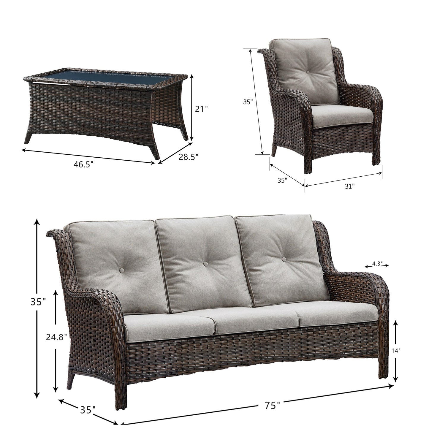 Pocassy Ensemble de 4 chaises de jardin avec canapé et table basse