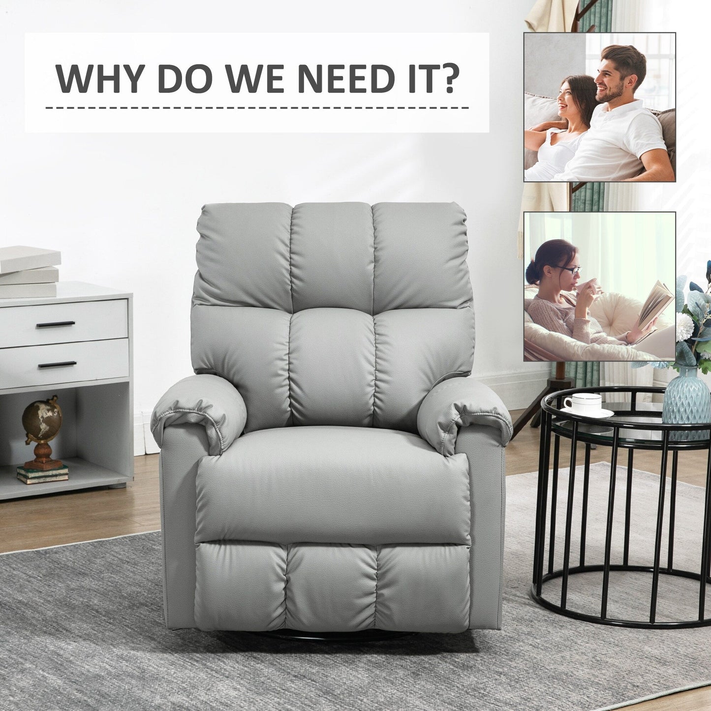 Fauteuil inclinable à bascule avec dossier et siège rembourrés, fauteuil inclinable manuel en cuir avec repose-pieds et base pivotante à 360°