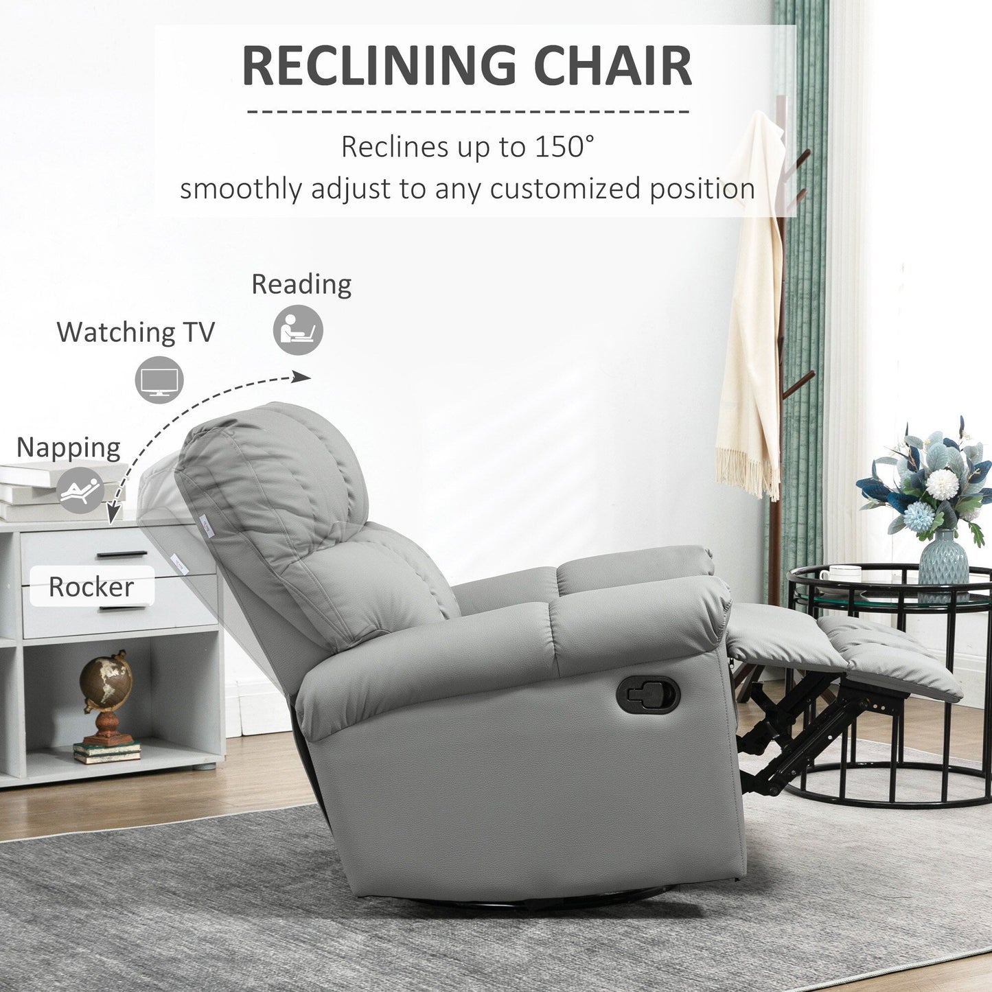 Fauteuil inclinable à bascule avec dossier et siège rembourrés, fauteuil inclinable manuel en cuir avec repose-pieds et base pivotante à 360°