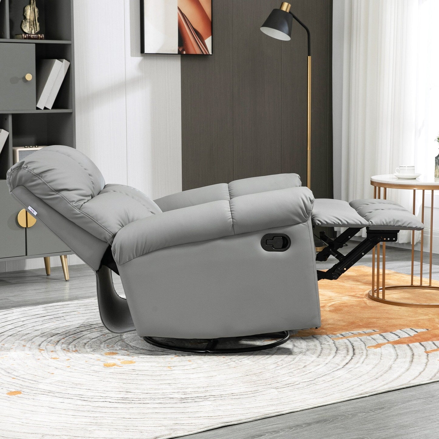 Fauteuil inclinable à bascule avec dossier et siège rembourrés, fauteuil inclinable manuel en cuir avec repose-pieds et base pivotante à 360°