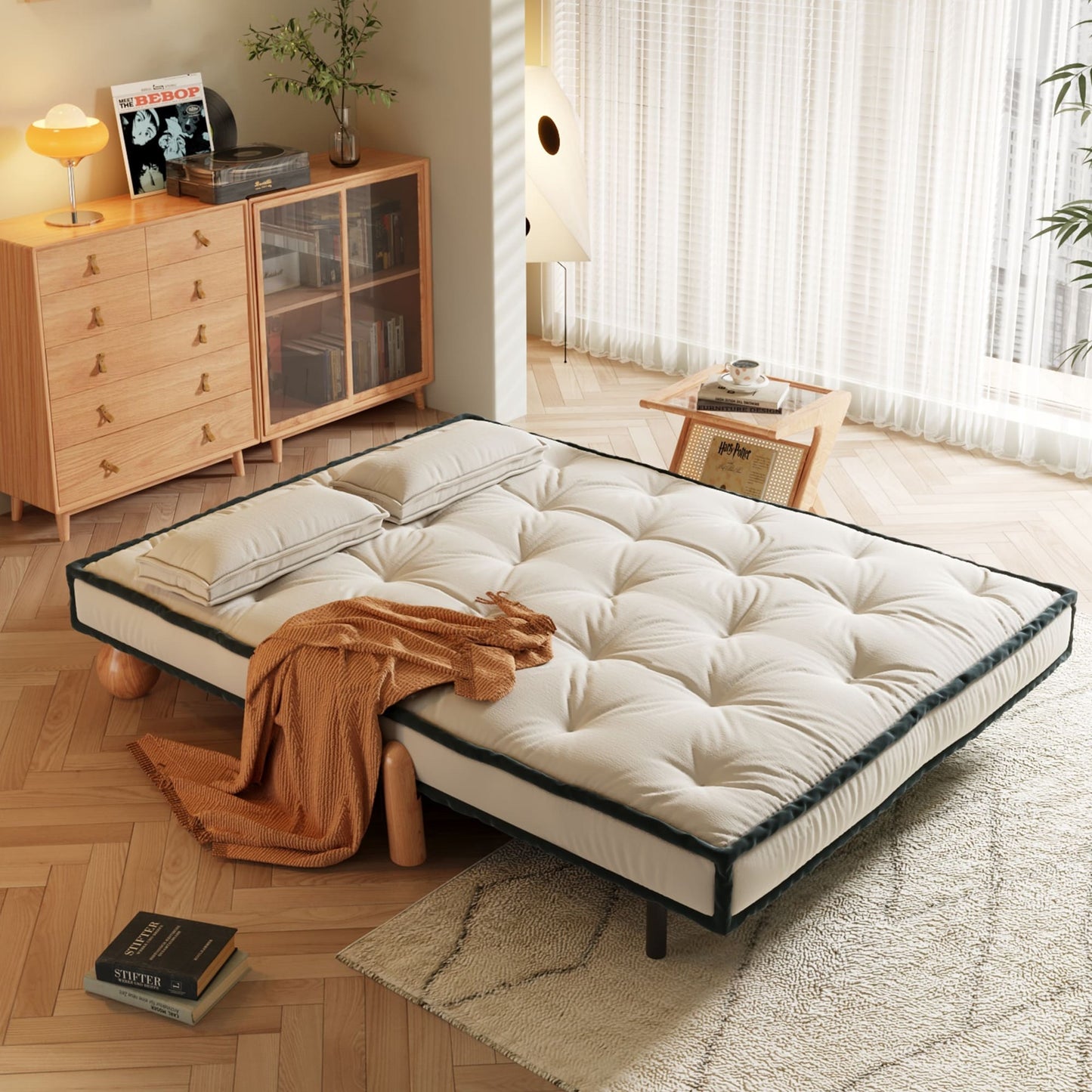 Canapé sans accoudoirs Romision en velours technologique beige