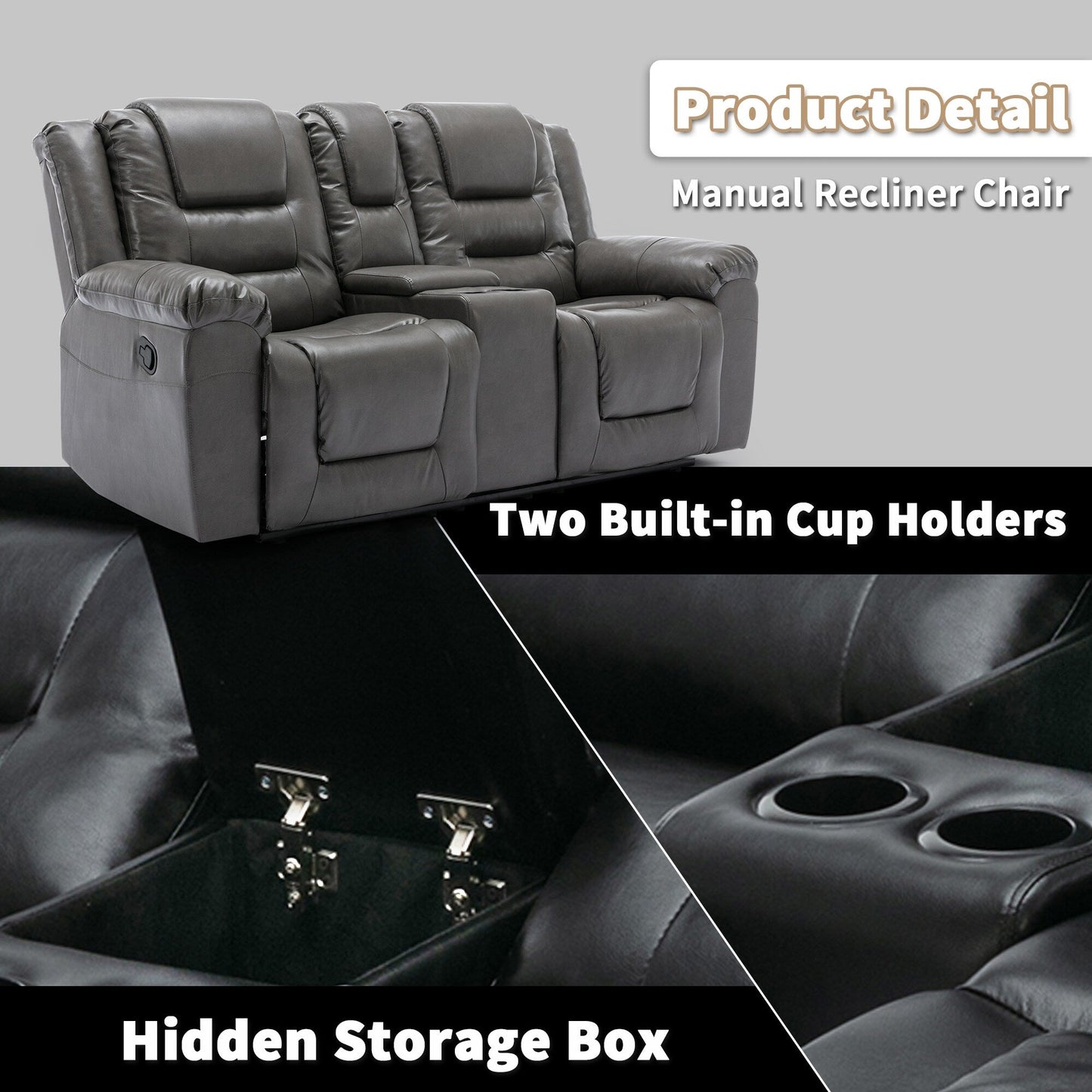 Fauteuil inclinable manuel 2 places pour home cinéma Roomfitters avec coffre de rangement et porte-gobelets, gris