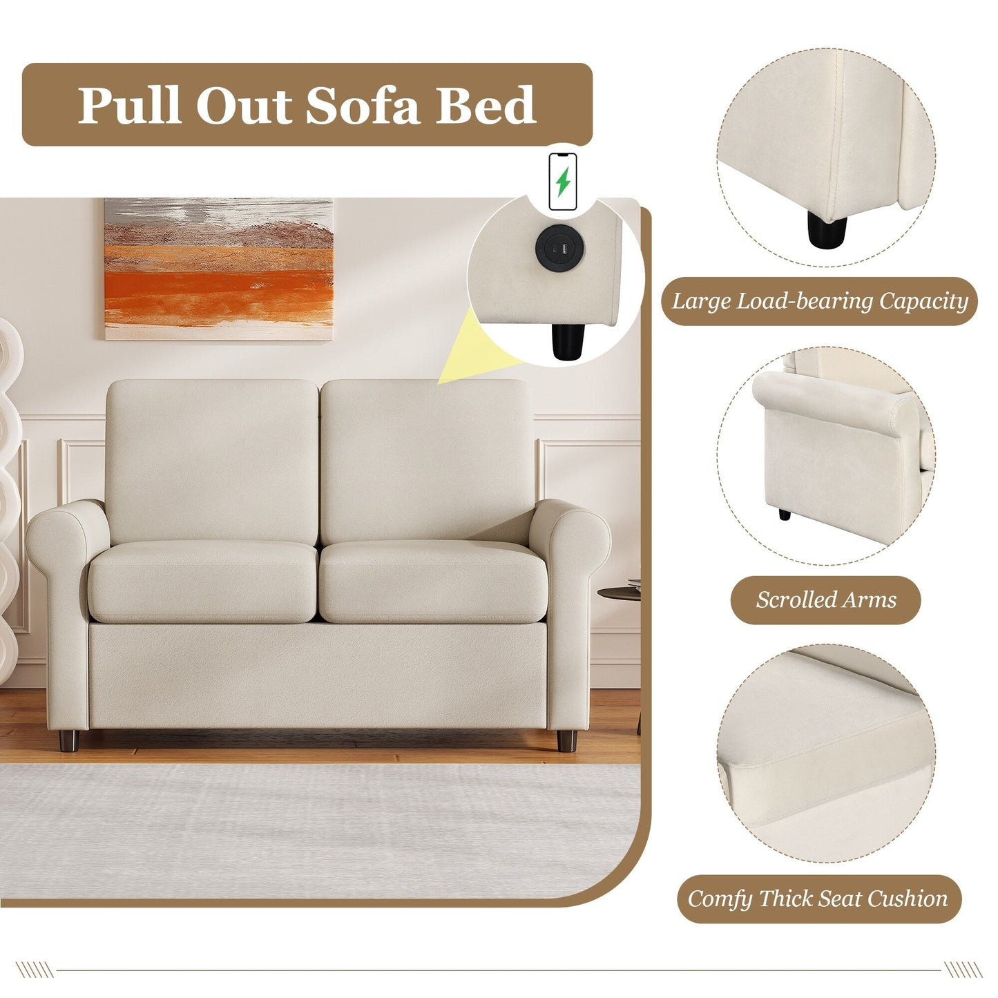 Canapé-lit gigogne 2 en 1 Roomfitters avec surmatelas double haut de gamme, ports USB et design compact pour le salon