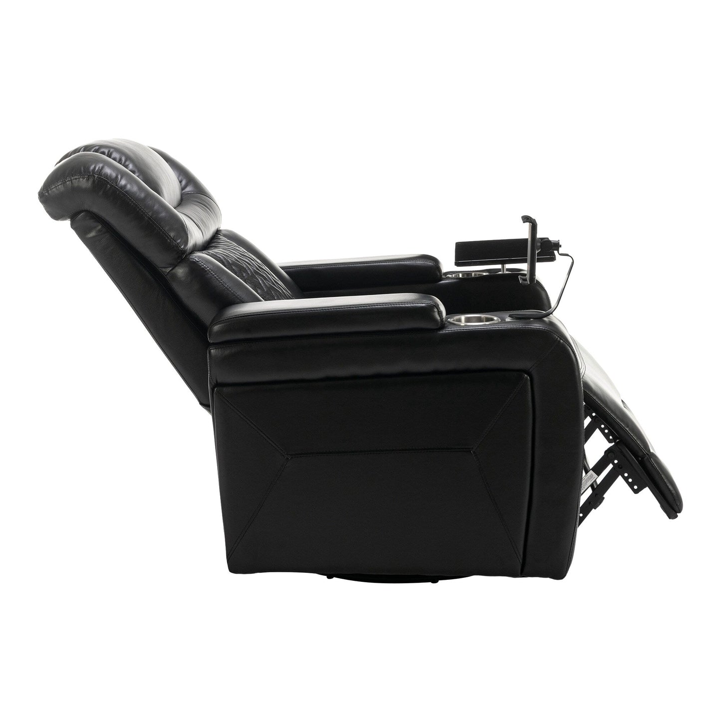 Fauteuil inclinable électrique pivotant à 270° en cuir PU avec support de dossier, tablette, support de téléphone, port USB et rangement dissimulé pour les accoudoirs.