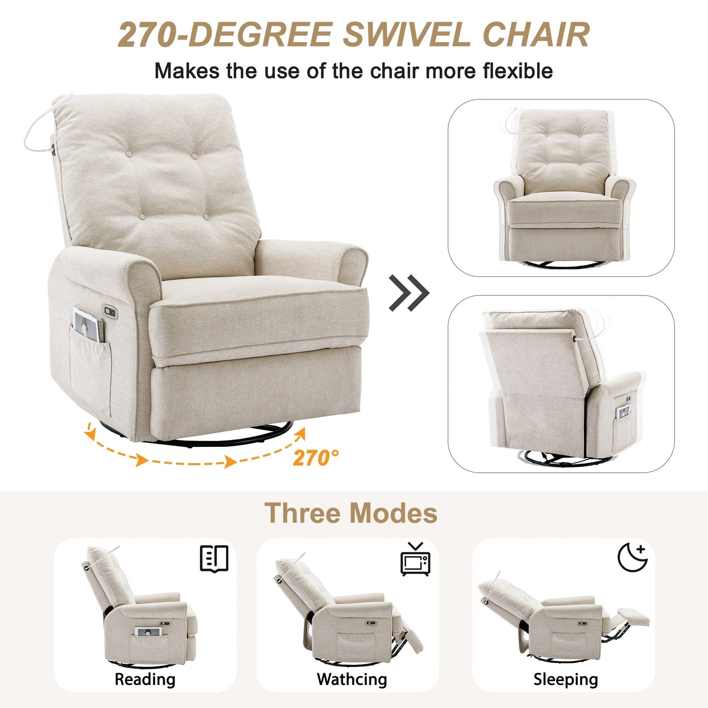 Fauteuil inclinable pivotant à 270° Roomfitters avec port de chargement USB, poche de rangement latérale et lampe tactile, couleur crème