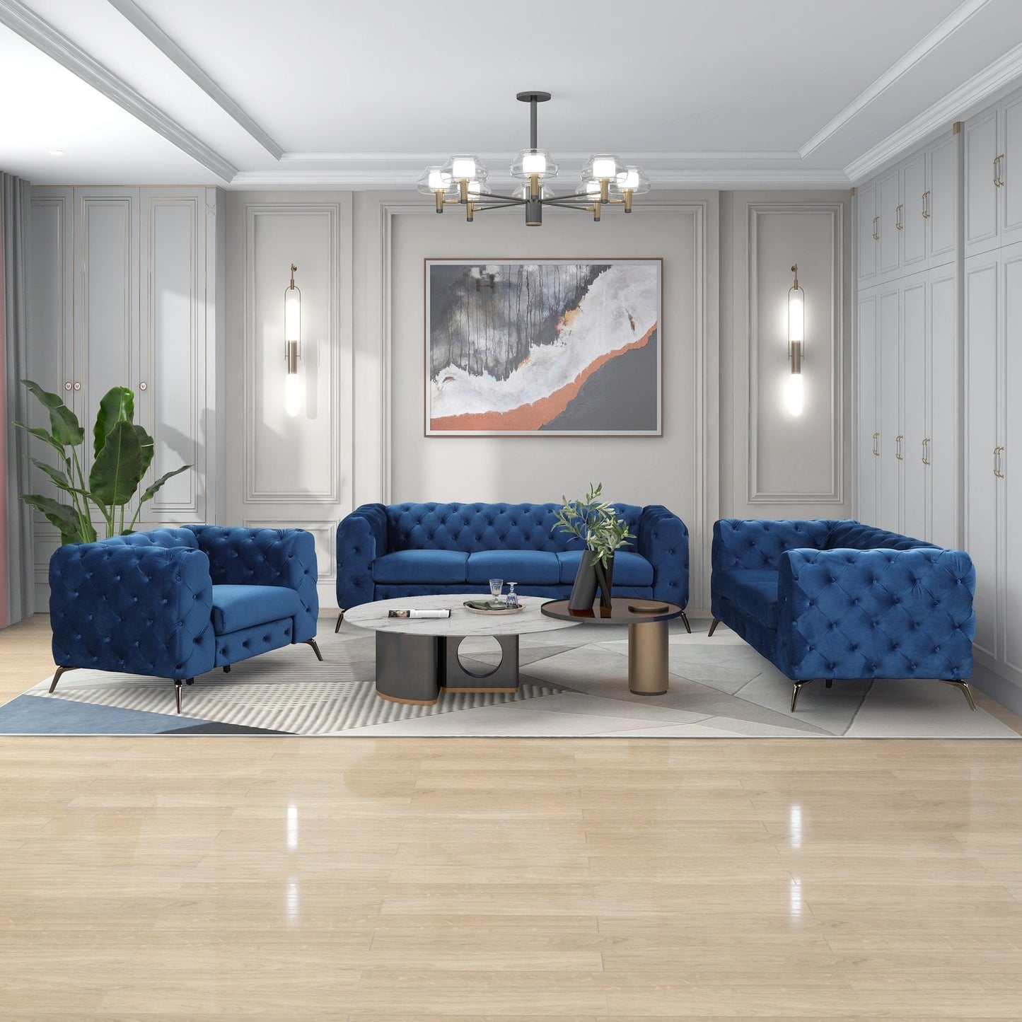 Ensemble de canapés rembourrés en velours 3 pièces Roomfitters avec pieds en métal robustes, comprenant un canapé trois places, une causeuse et une chaise simple