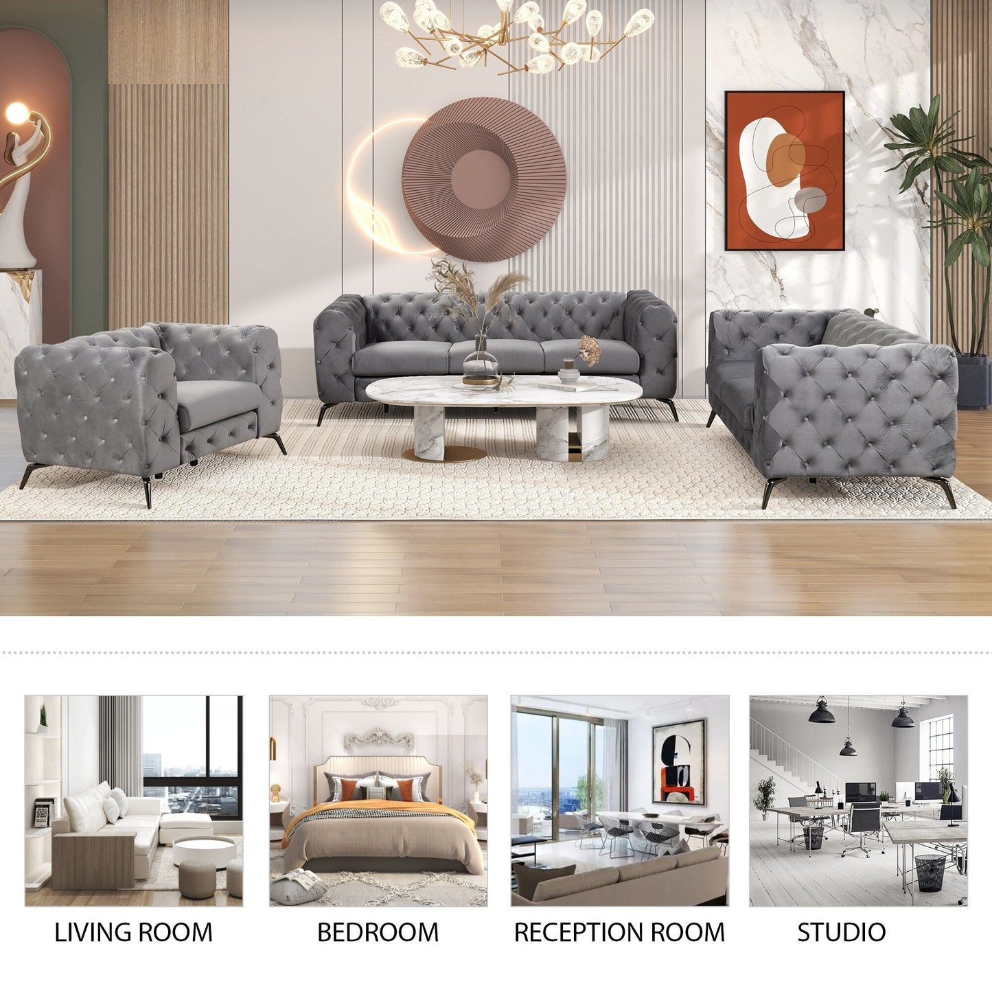 Ensemble de canapés rembourrés en velours 3 pièces Roomfitters avec pieds en métal robustes, comprenant un canapé trois places, une causeuse et une chaise simple