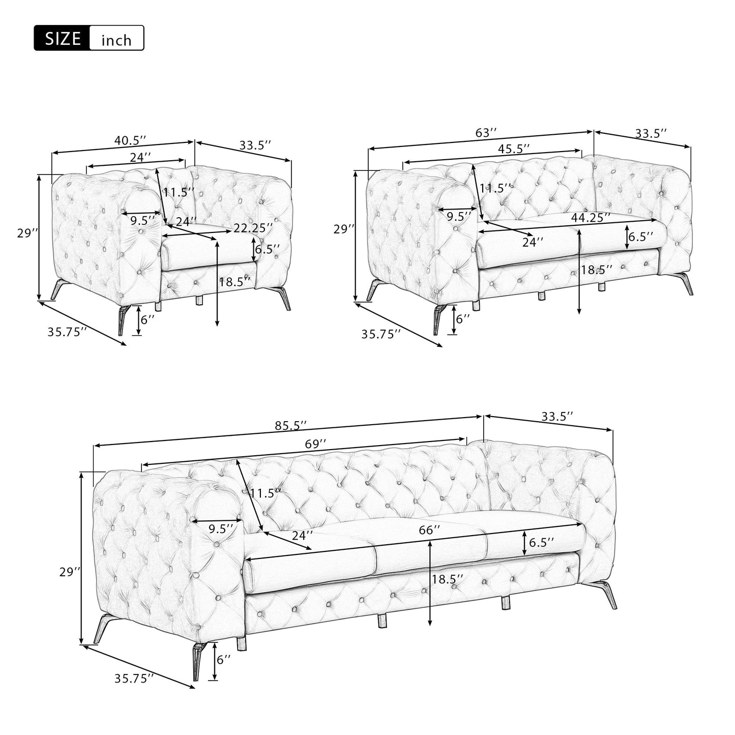 Ensemble de canapés rembourrés en velours 3 pièces Roomfitters avec pieds en métal robustes, comprenant un canapé trois places, une causeuse et une chaise simple