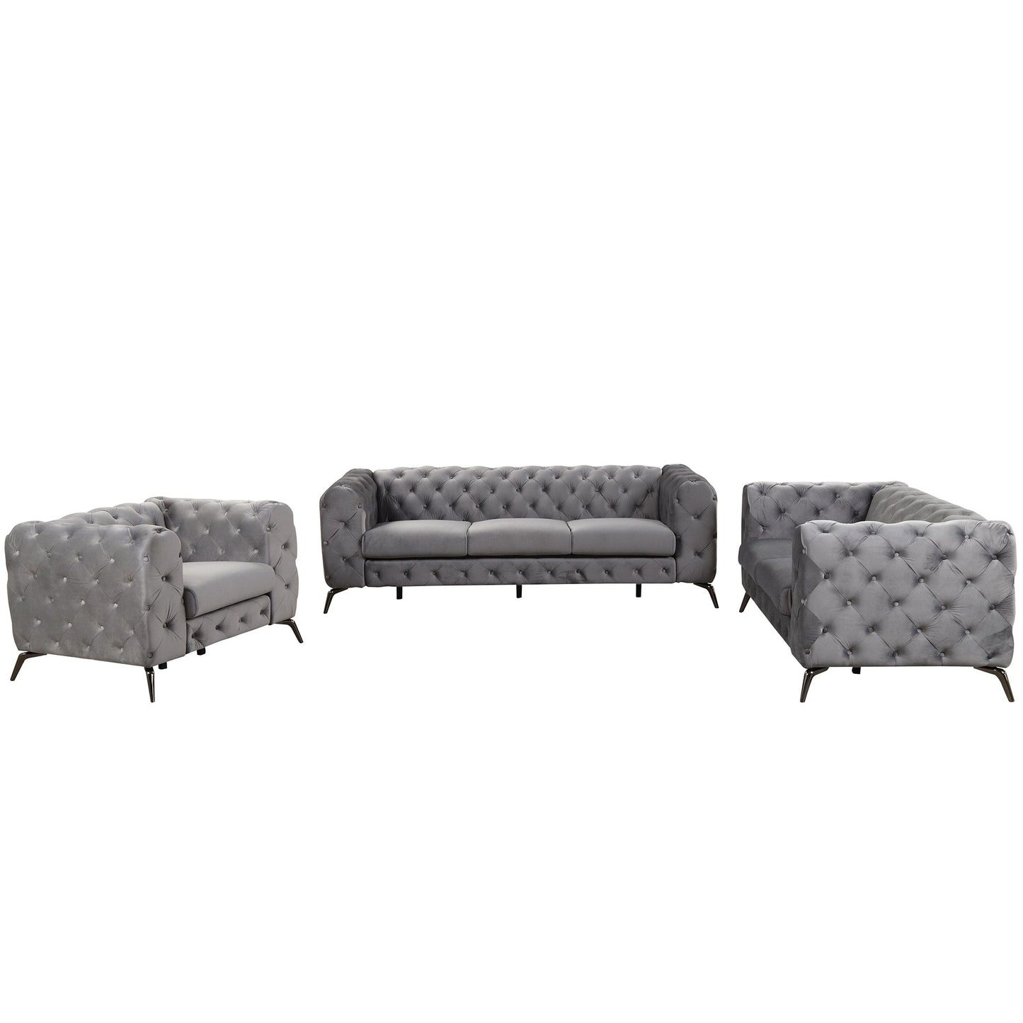 Ensemble de canapés rembourrés en velours 3 pièces Roomfitters avec pieds en métal robustes, comprenant un canapé trois places, une causeuse et une chaise simple