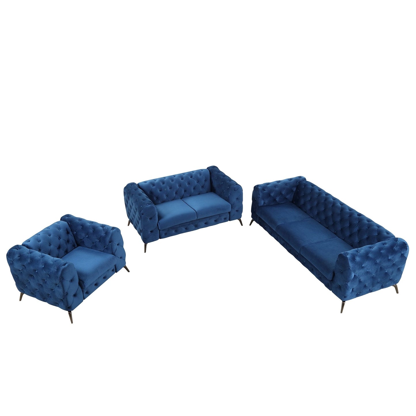 Ensemble de canapés rembourrés en velours 3 pièces Roomfitters avec pieds en métal robustes, comprenant un canapé trois places, une causeuse et une chaise simple