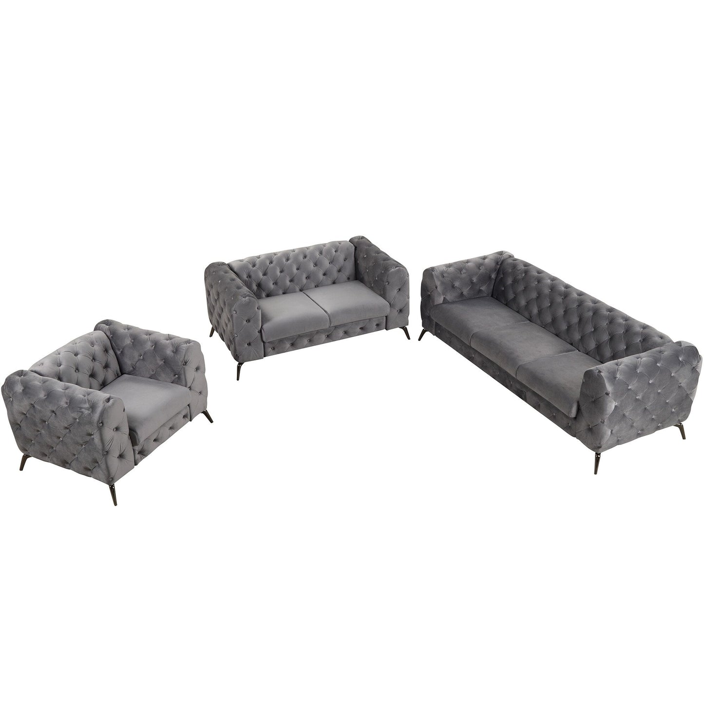 Ensemble de canapés rembourrés en velours 3 pièces Roomfitters avec pieds en métal robustes, comprenant un canapé trois places, une causeuse et une chaise simple