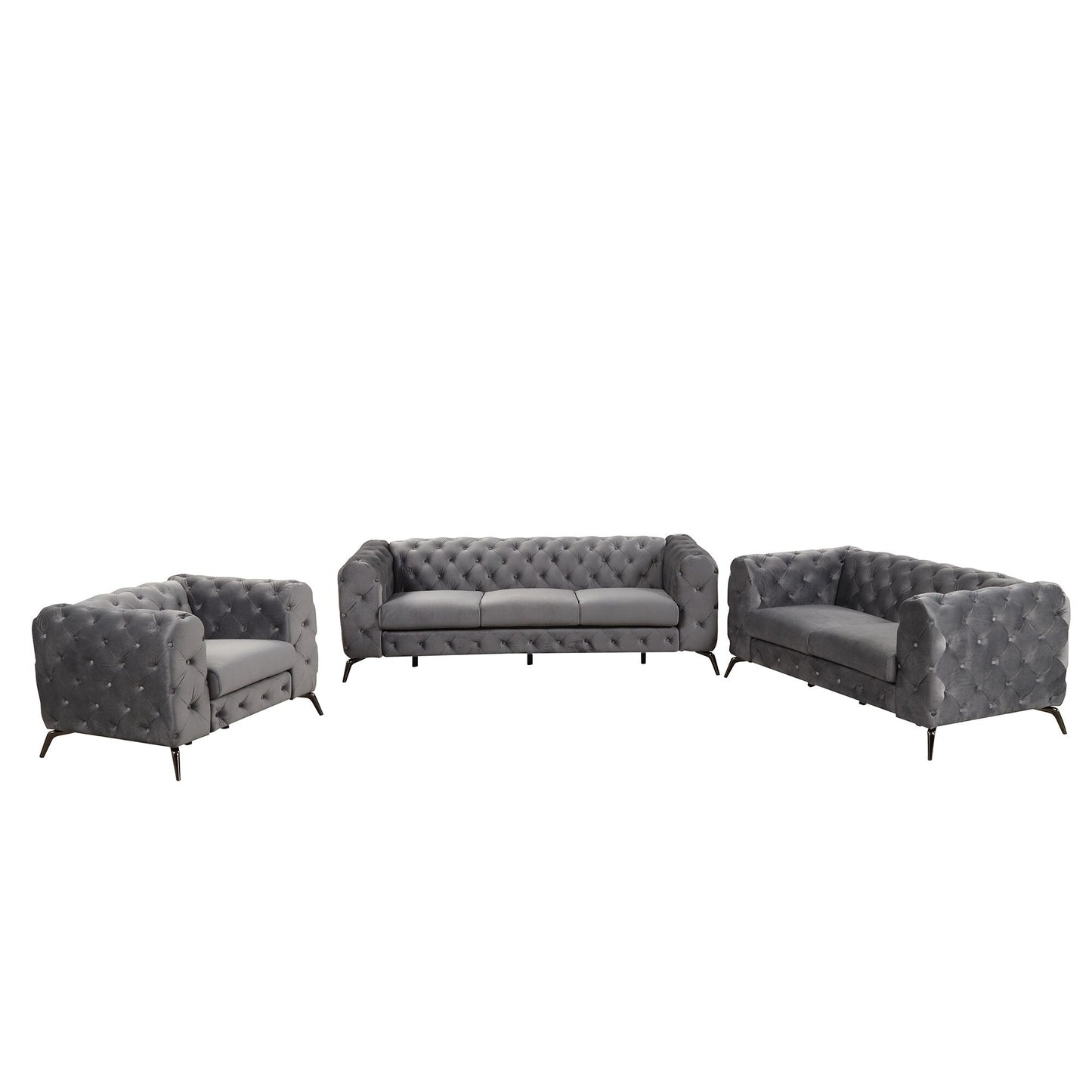 Ensemble de canapés rembourrés en velours 3 pièces Roomfitters avec pieds en métal robustes, comprenant un canapé trois places, une causeuse et une chaise simple