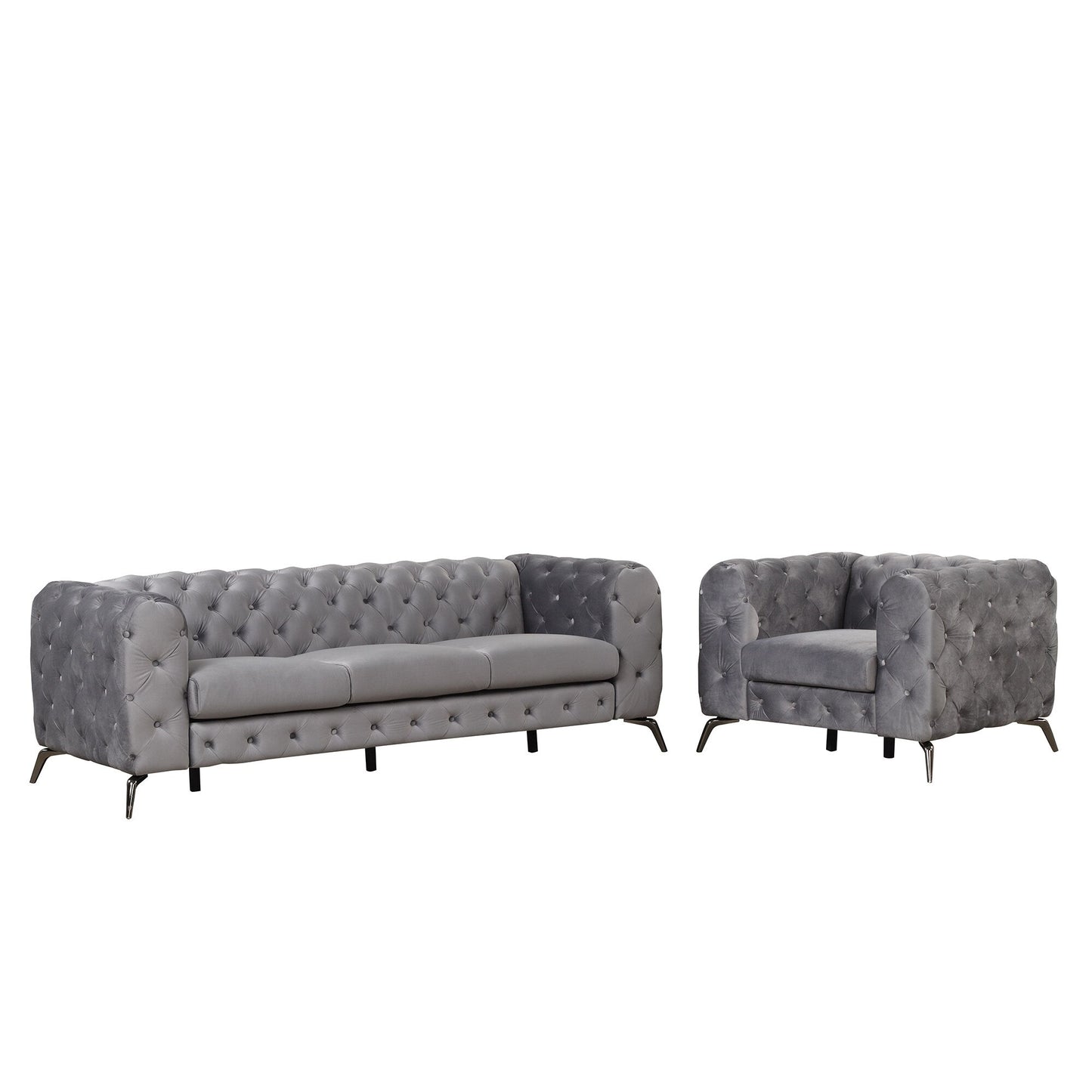 Ensemble de canapés rembourrés en velours 3 pièces Roomfitters avec pieds en métal robustes, comprenant un canapé trois places, une causeuse et une chaise simple