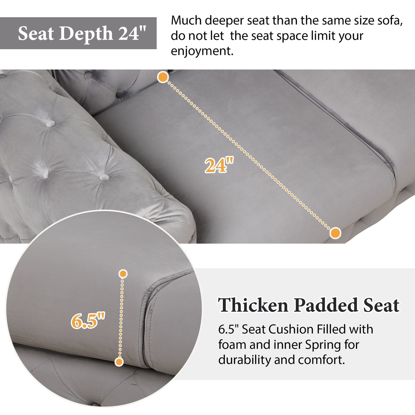 Ensemble de canapés rembourrés en velours 3 pièces Roomfitters avec pieds en métal robustes, comprenant un canapé trois places, une causeuse et une chaise simple