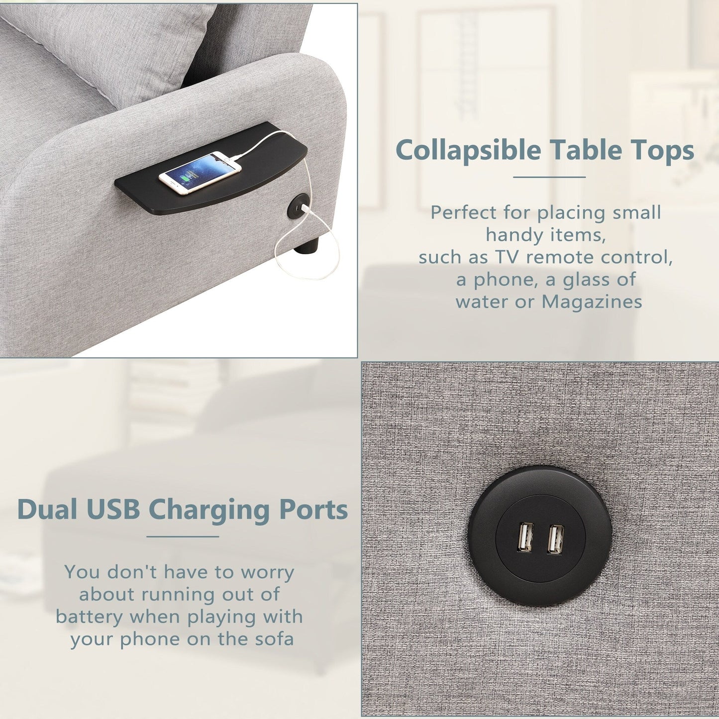 Canapé-lit gigogne 3 en 1 Roomfitters avec table à deux ailes et port de chargement USB pour salon et salle de loisirs