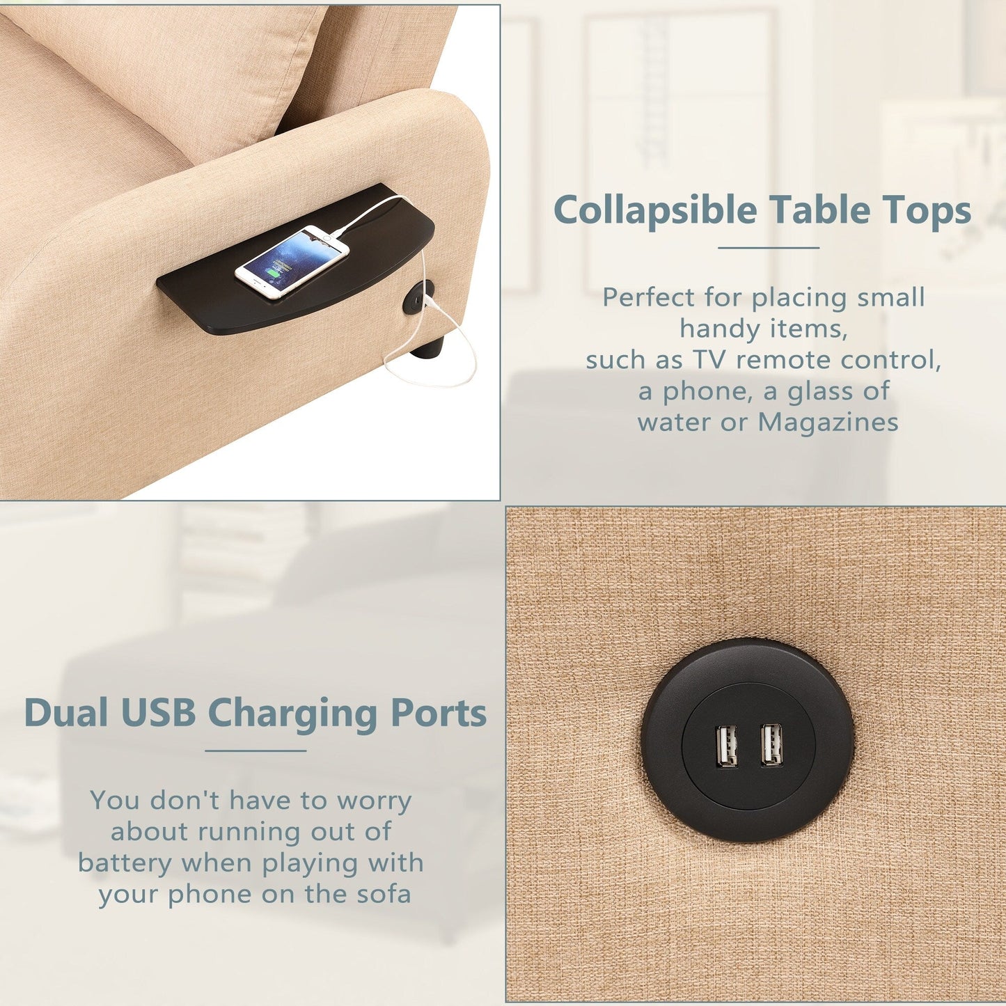 Canapé-lit gigogne 3 en 1 Roomfitters avec table à deux ailes et port de chargement USB pour salon et salle de loisirs