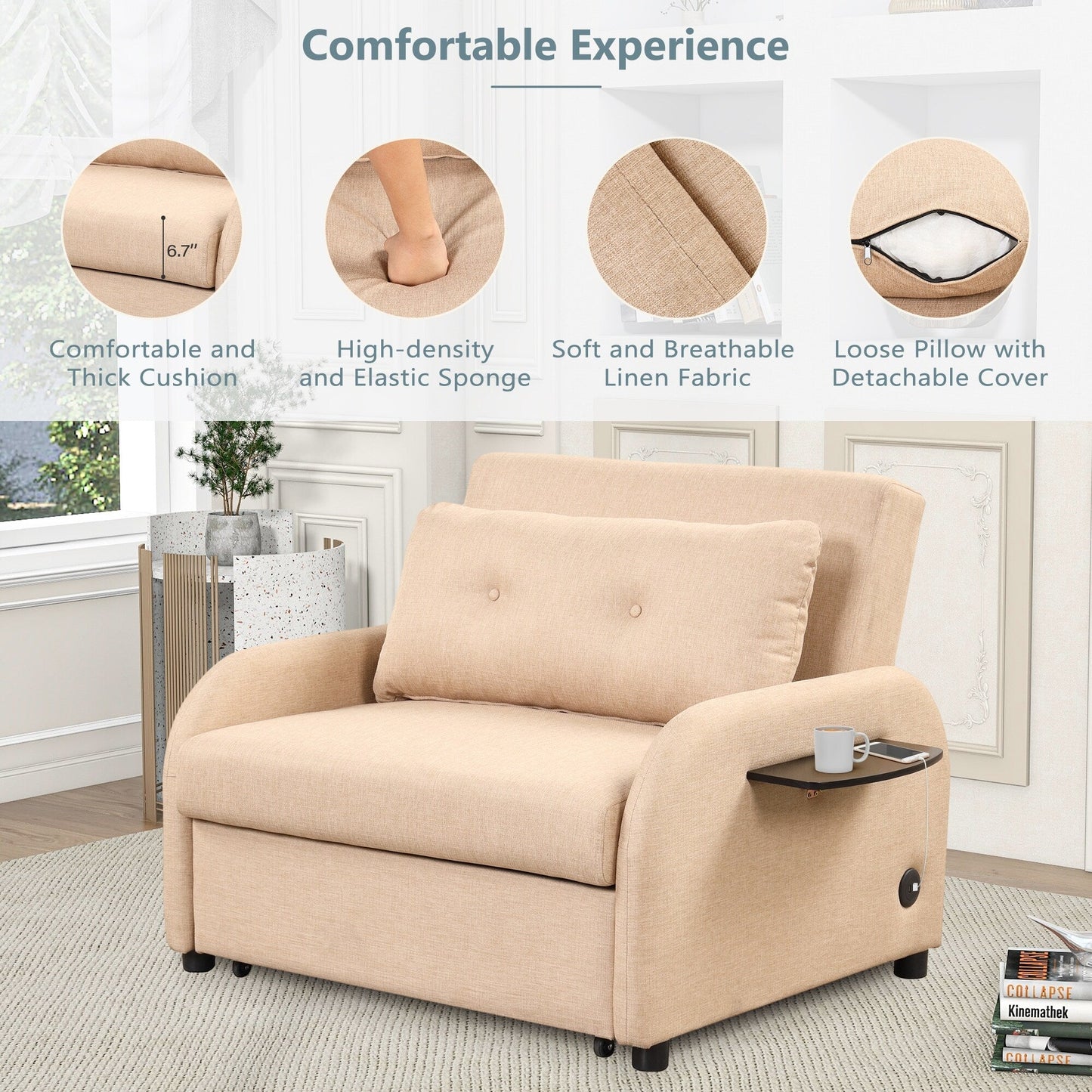Canapé-lit gigogne 3 en 1 Roomfitters avec table à deux ailes et port de chargement USB pour salon et salle de loisirs