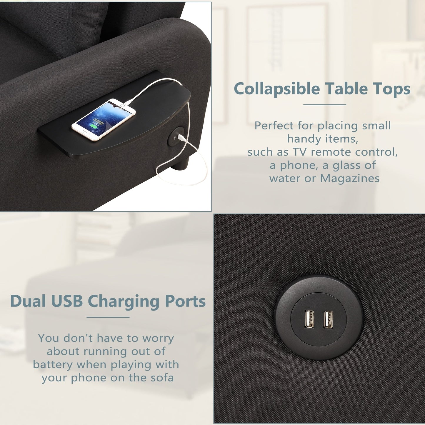 Canapé-lit gigogne 3 en 1 Roomfitters avec table à deux ailes et port de chargement USB pour salon et salle de loisirs