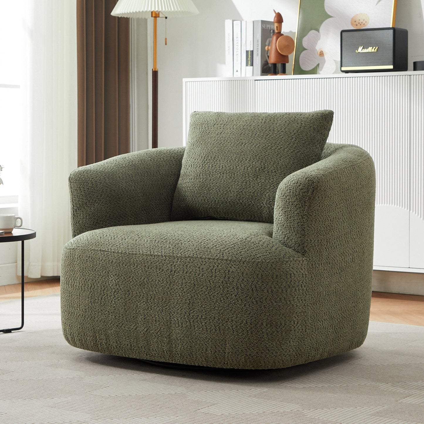 Roomfitters Fauteuil pivotant rembourré en chenille à 360° avec coussin décoratif pour salon, chambre, bureau, hôtel