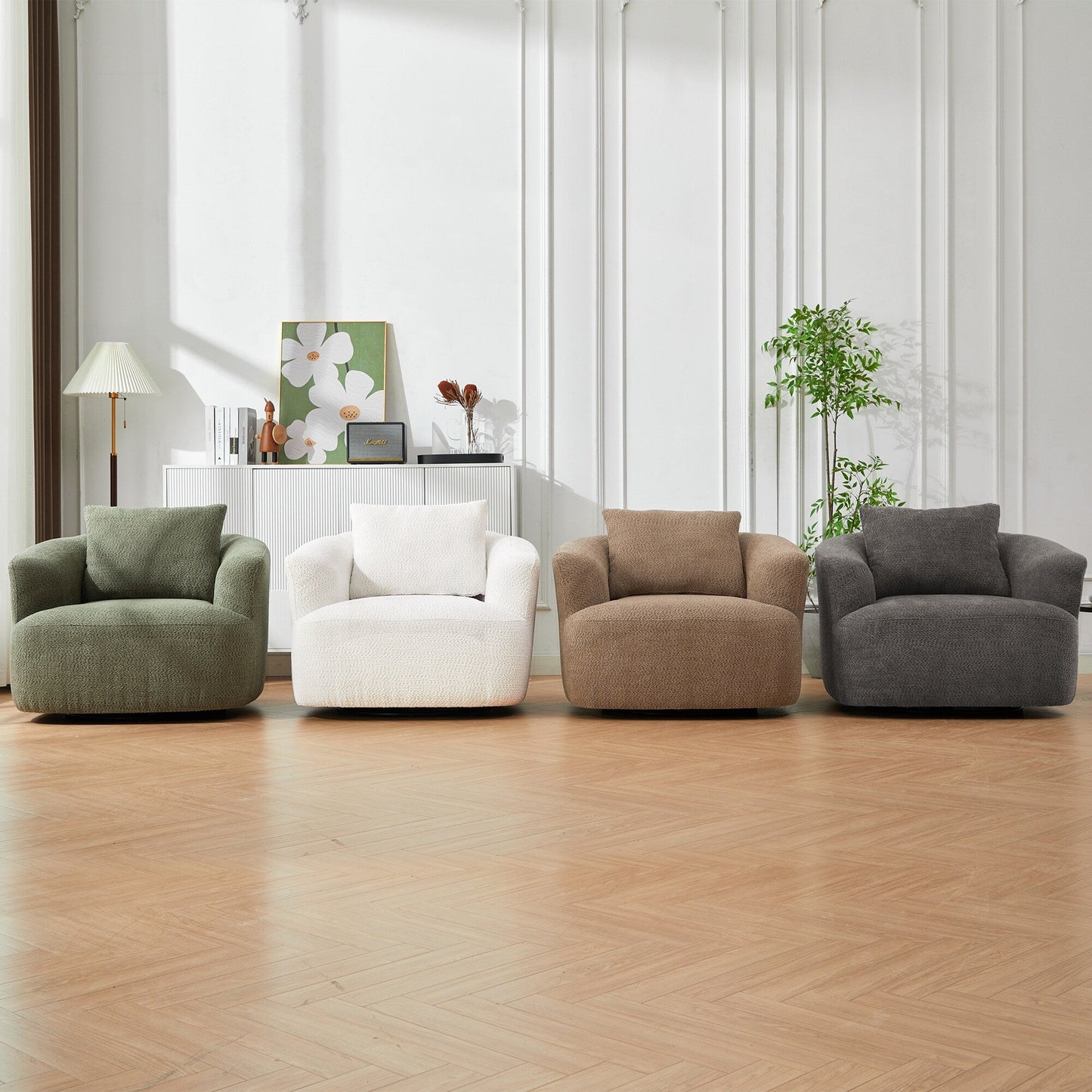 Roomfitters Fauteuil pivotant rembourré en chenille à 360° avec coussin décoratif pour salon, chambre, bureau, hôtel