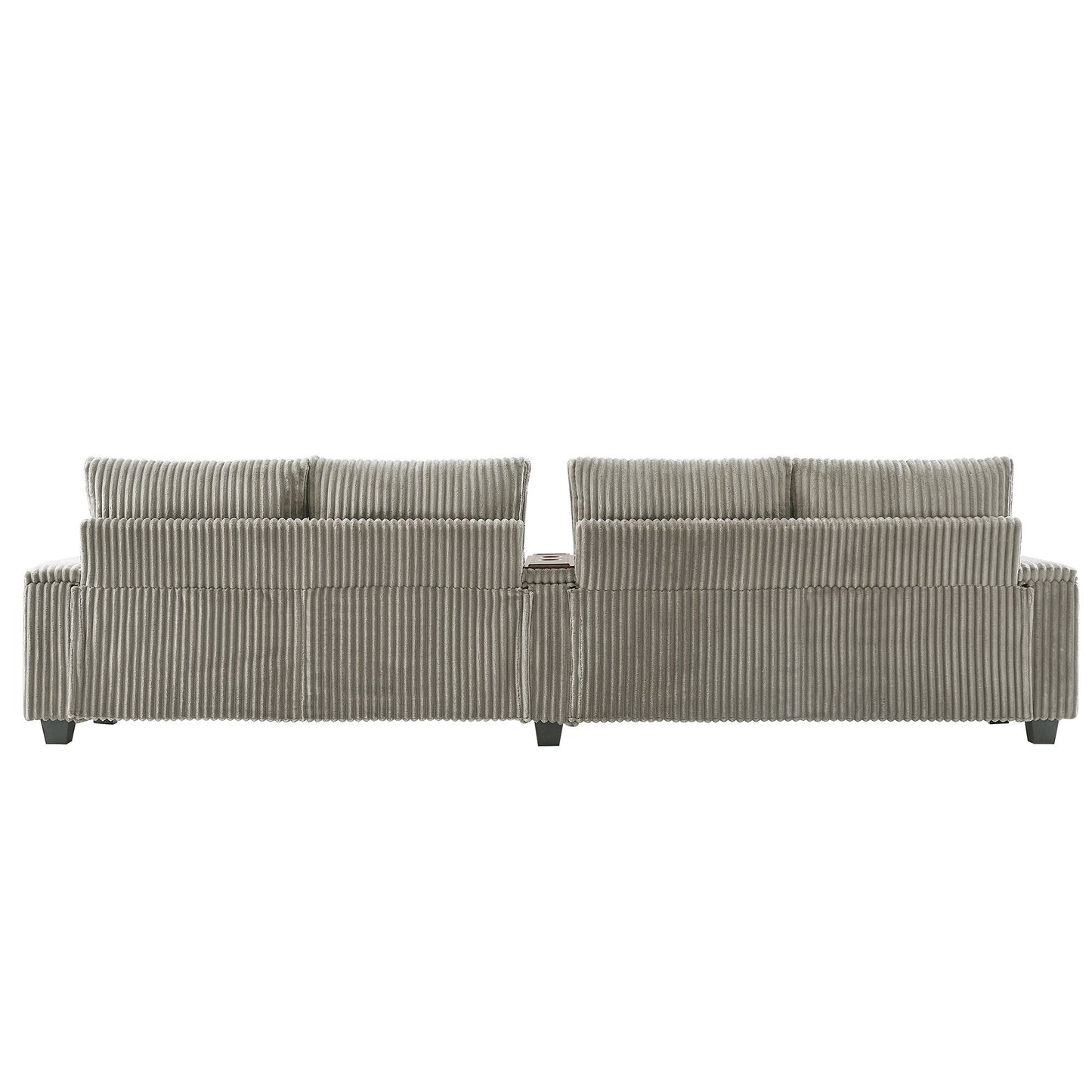 Canapé-lit 4 places moderne en velours côtelé Roomfitters avec ports USB, accoudoirs de rangement dissimulés et porte-gobelets rabattables pour le salon