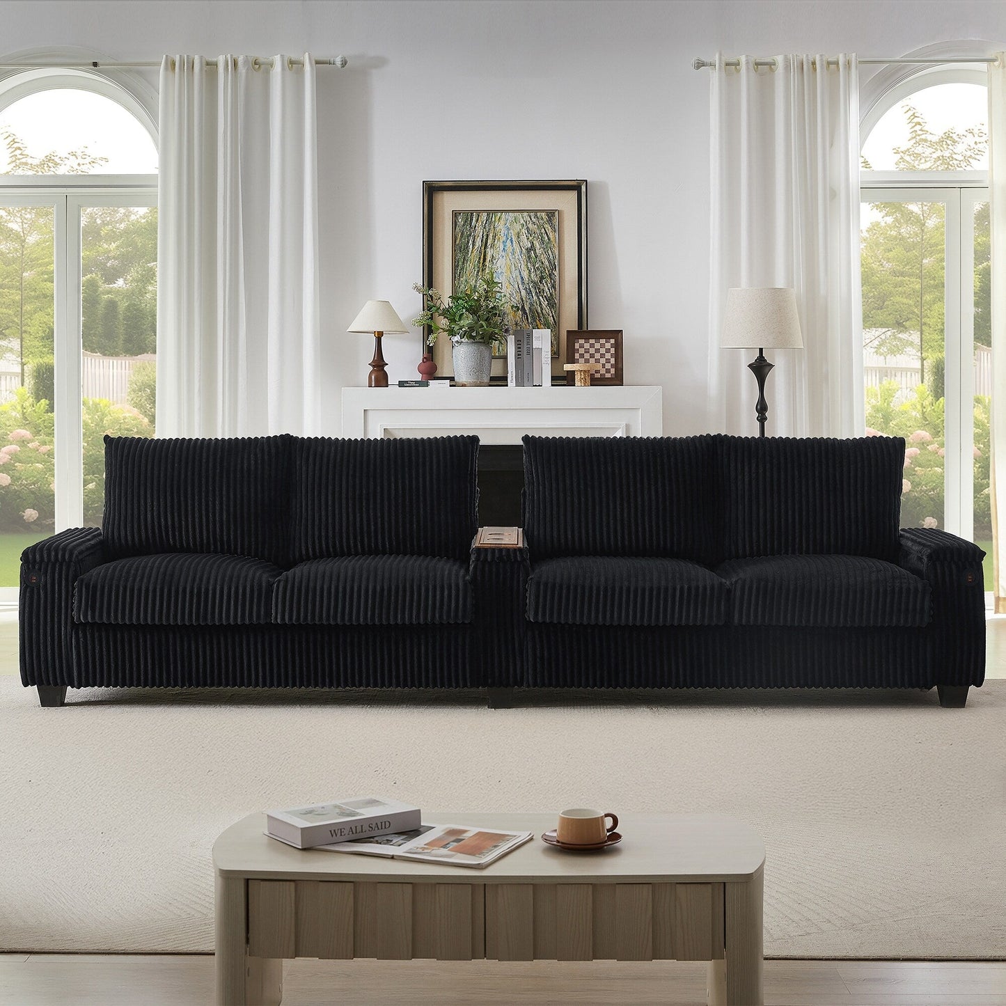 Canapé-lit 4 places moderne en velours côtelé Roomfitters avec ports USB, accoudoirs de rangement dissimulés et porte-gobelets rabattables pour le salon
